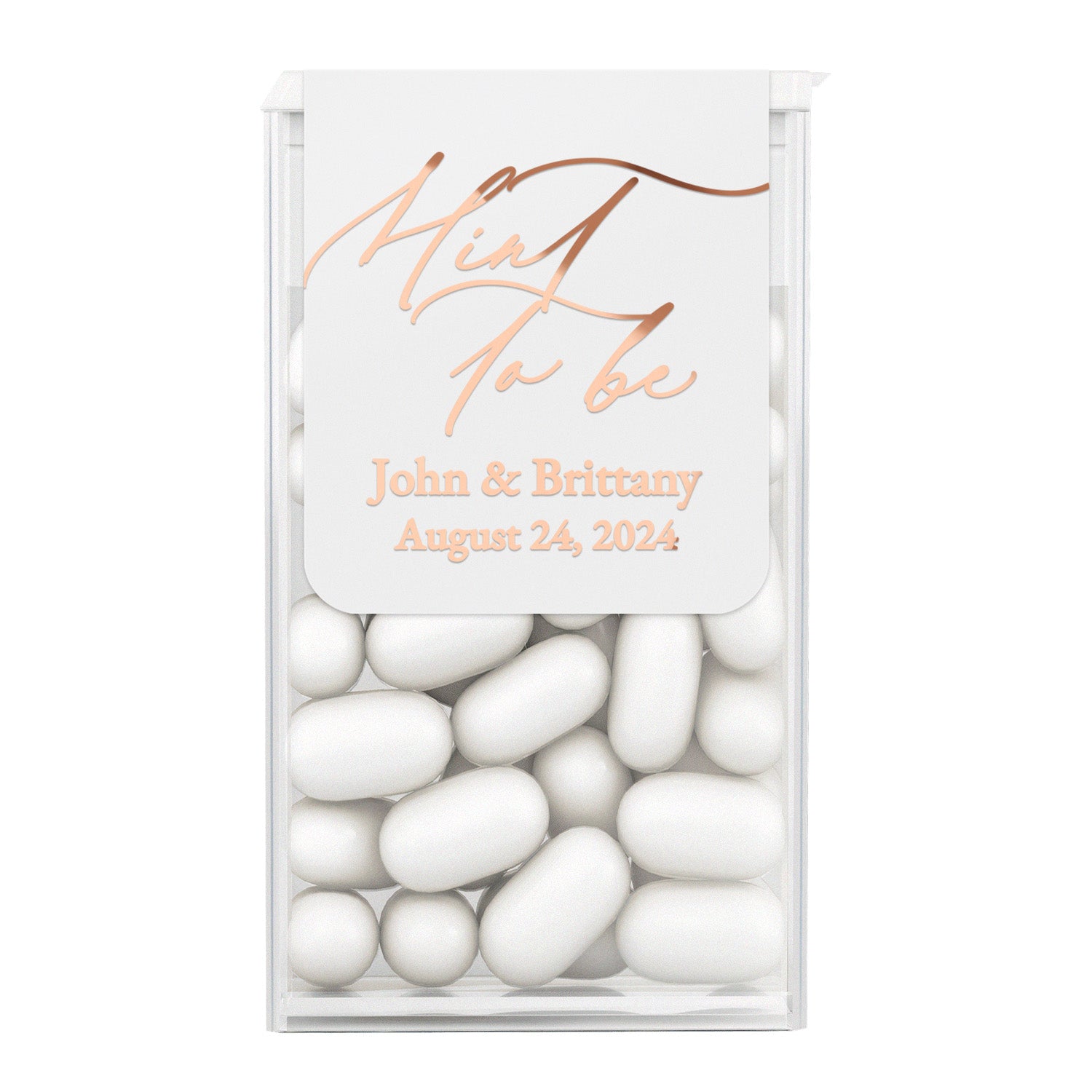 XOXOKristen custom “Mint to Be” labels with rose gold foil printing on white labels, displayed on sheets for wedding favors – XOXOKristen