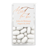 XOXOKristen custom “Mint to Be” labels with rose gold foil printing on white labels, displayed on sheets for wedding favors – XOXOKristen
