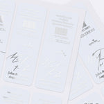 XOXOKristen personalized “Mint to Be” labels in silver foil with modern calligraphy and serif font combination, shown on sticker sheets – XOXOKristen