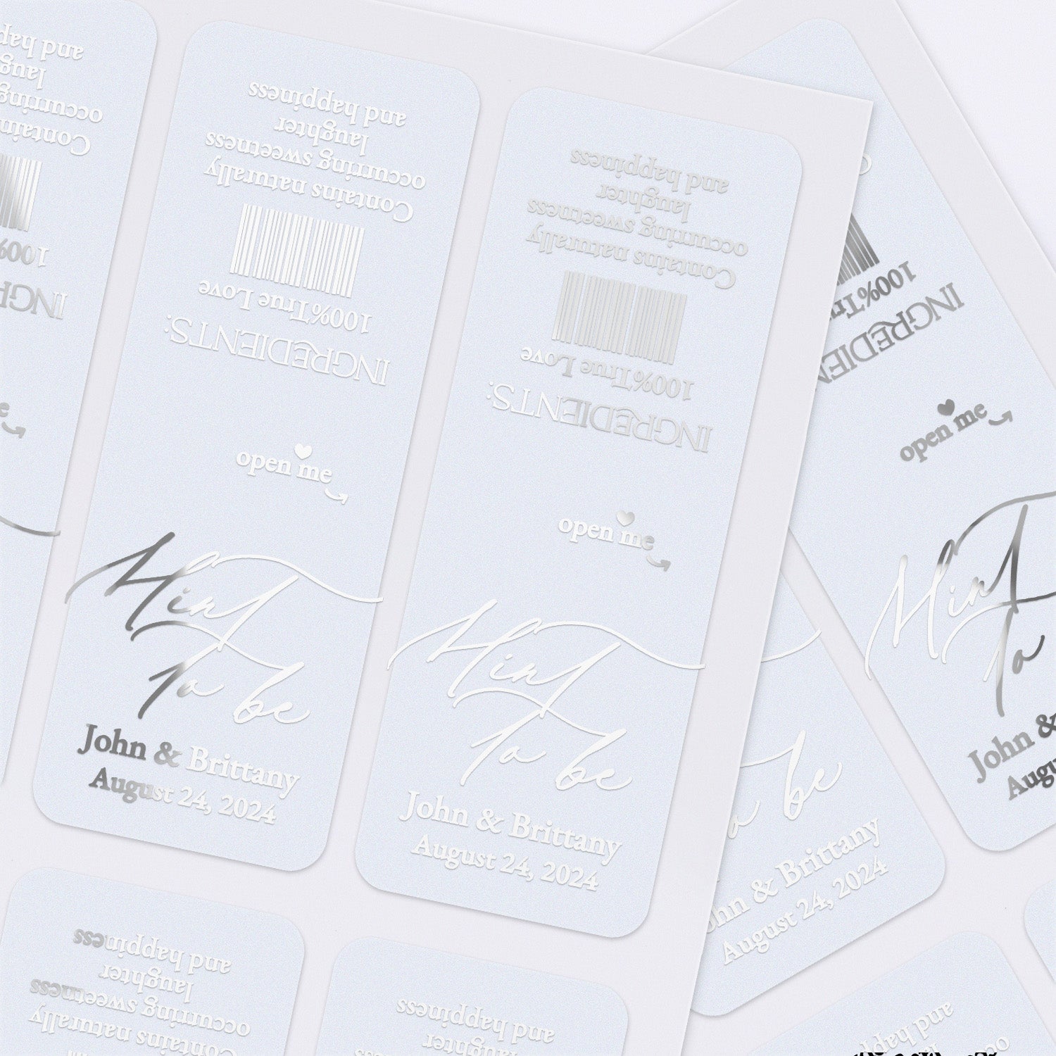 XOXOKristen personalized “Mint to Be” labels in silver foil with modern calligraphy and serif font combination, shown on sticker sheets – XOXOKristen