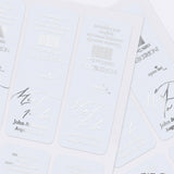 XOXOKristen personalized “Mint to Be” labels in silver foil with modern calligraphy and serif font combination, shown on sticker sheets – XOXOKristen