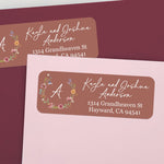 XOXOKristen personalized floral wreath return address label with terracotta background, delicate flower wreath, and white script text - XOXOKristen