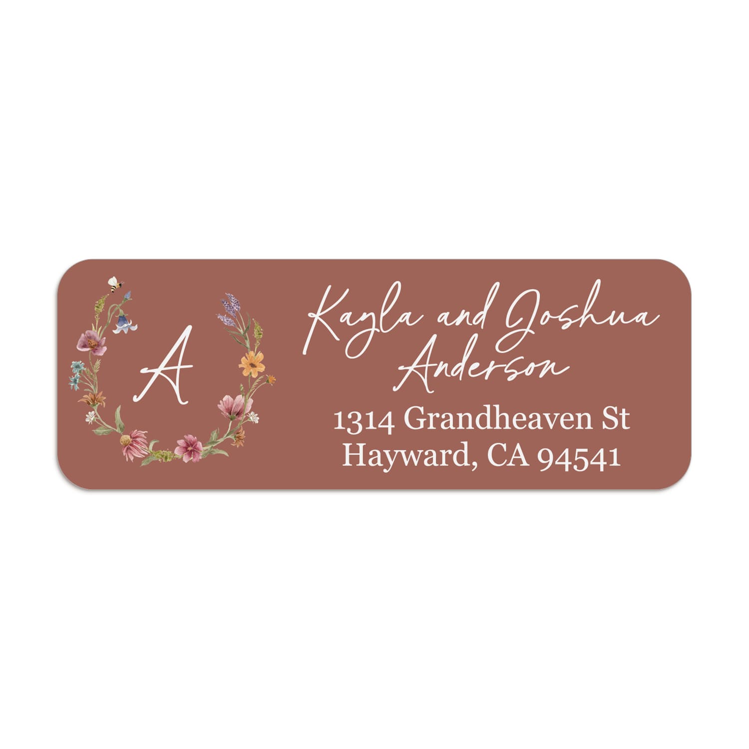 XOXOKristen close-up of floral wreath address label featuring hand-drawn blossoms, greenery, and monogram letter with modern script - XOXOKristen