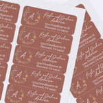 XOXOKristen sheet of multiple floral address labels with terracotta background, botanical wreath motif, and personalized white text - XOXOKristen