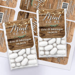 XOXOKristen personalized Mint to Be wedding stickers with rustic wooden background and glowing string lights, custom labels for Tic Tac favors.