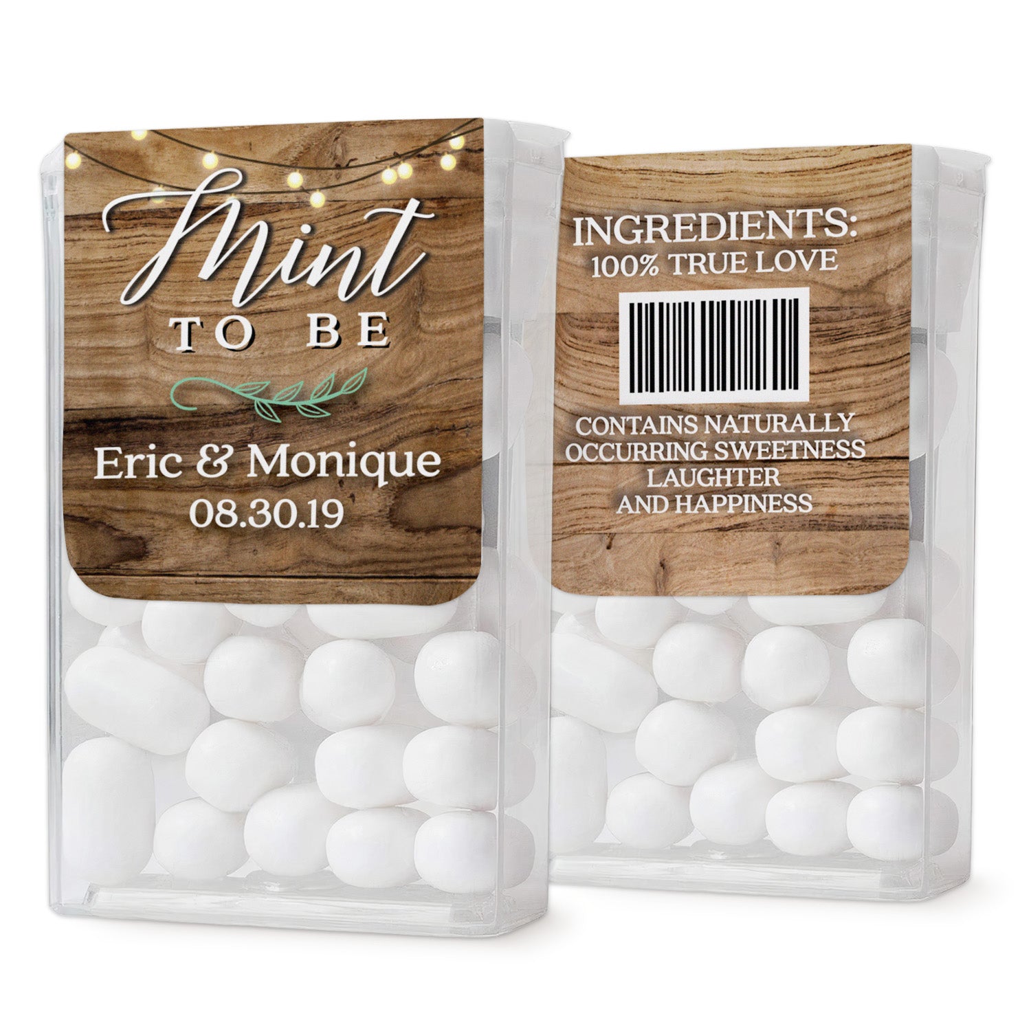 XOXOKristen custom wedding Tic Tac labels featuring wood texture design with fairy lights, rustic country theme for personalized mint favors.