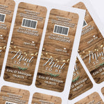 XOXOKristen sheet of rustic Mint to Be favor stickers with wooden backdrop and string lights, designed for Tic Tac containers as wedding giveaways.