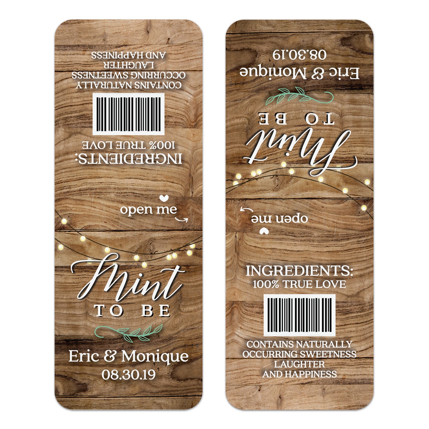 XOXOKristen single Mint to Be wedding sticker in rustic wooden style with fairy lights, custom label for Tic Tac wedding favors.