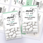 Personalized Tic Tac wedding favor labels in mint green and white, custom-made stickers for elegant guest thank-you gifts.