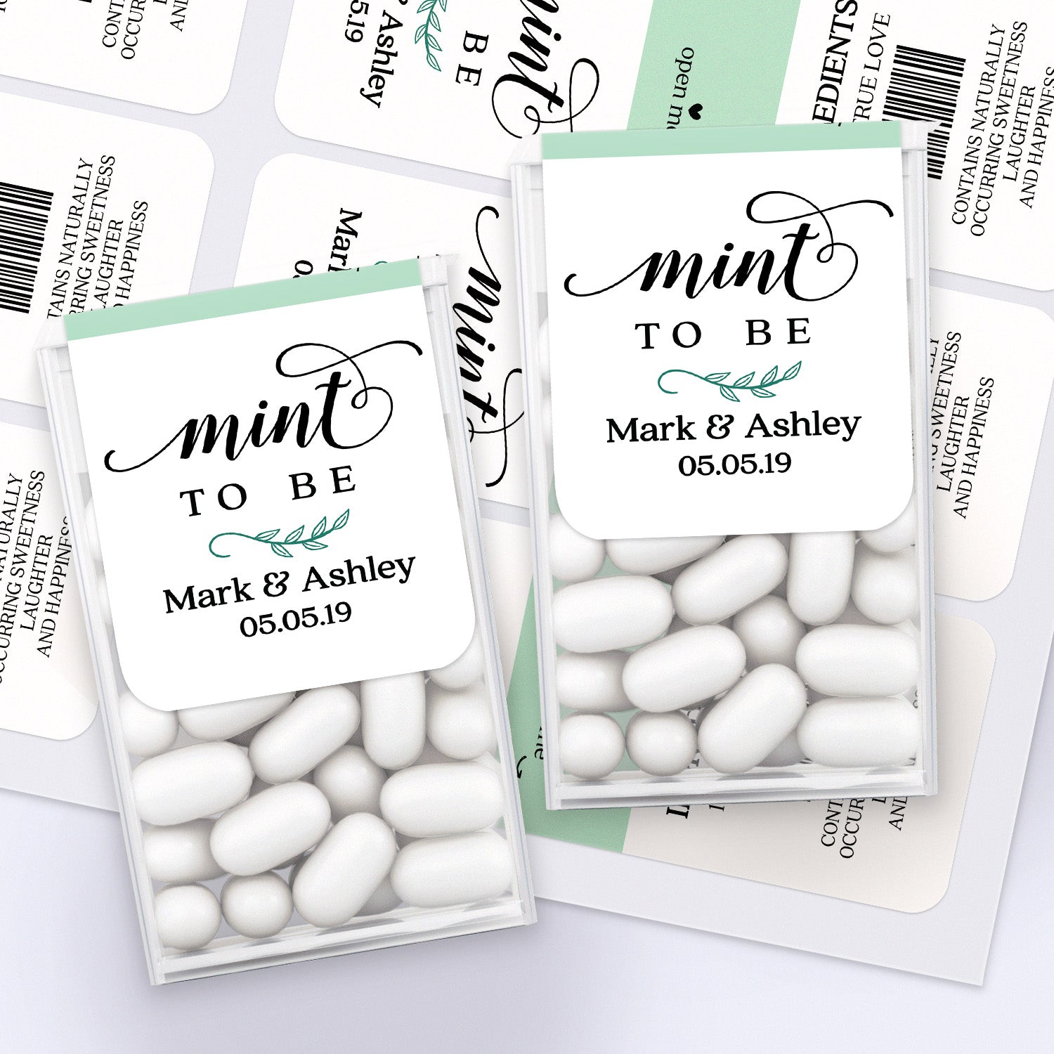 Personalized Tic Tac wedding favor labels in mint green and white, custom-made stickers for elegant guest thank-you gifts.