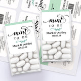 Personalized Tic Tac wedding favor labels in mint green and white, custom-made stickers for elegant guest thank-you gifts.