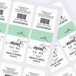 Sheets of personalized Tic Tac stickers in mint green, custom-printed labels for weddings, bridal showers, and events.