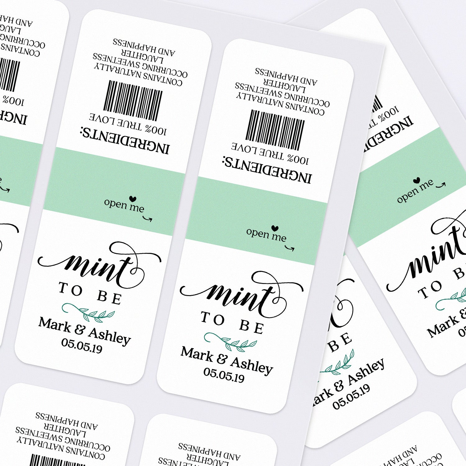 Sheets of personalized Tic Tac stickers in mint green, custom-printed labels for weddings, bridal showers, and events.