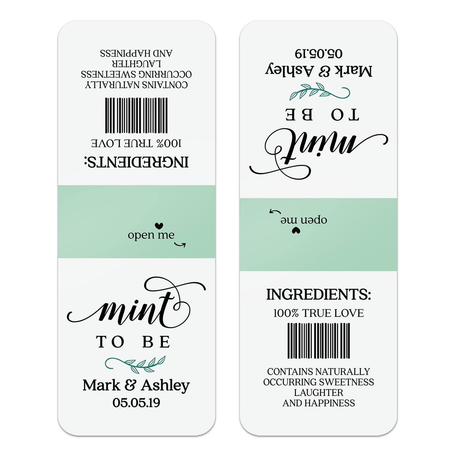 Single custom Tic Tac wrapper label with mint green accent, tailored wedding favor sticker for elegant party gifts.