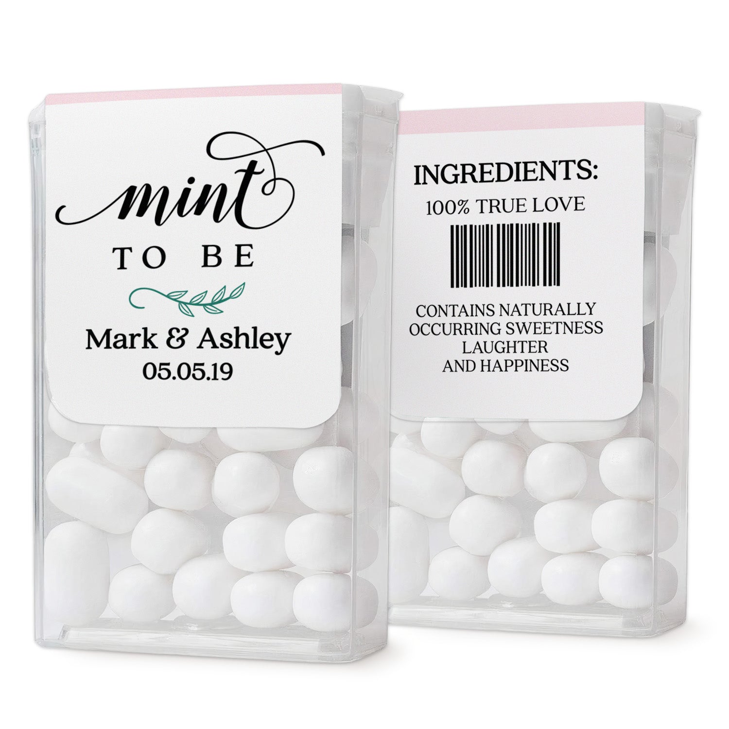 Custom Mint To Be Tic Tac labels in pink and white, unique design for weddings, anniversaries, and bridal showers.