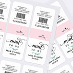 Sheets of personalized pastel pink Tic Tac wrapper labels, customized stickers for party favors and elegant events.