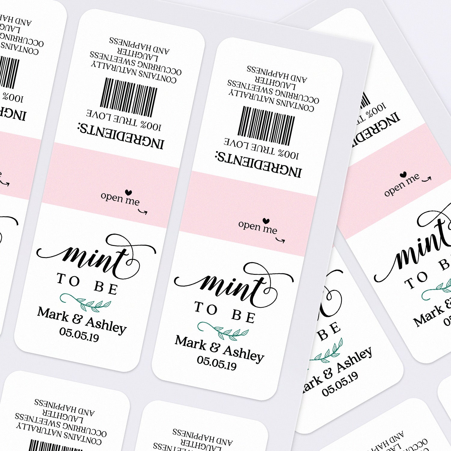 Sheets of personalized pastel pink Tic Tac wrapper labels, customized stickers for party favors and elegant events.