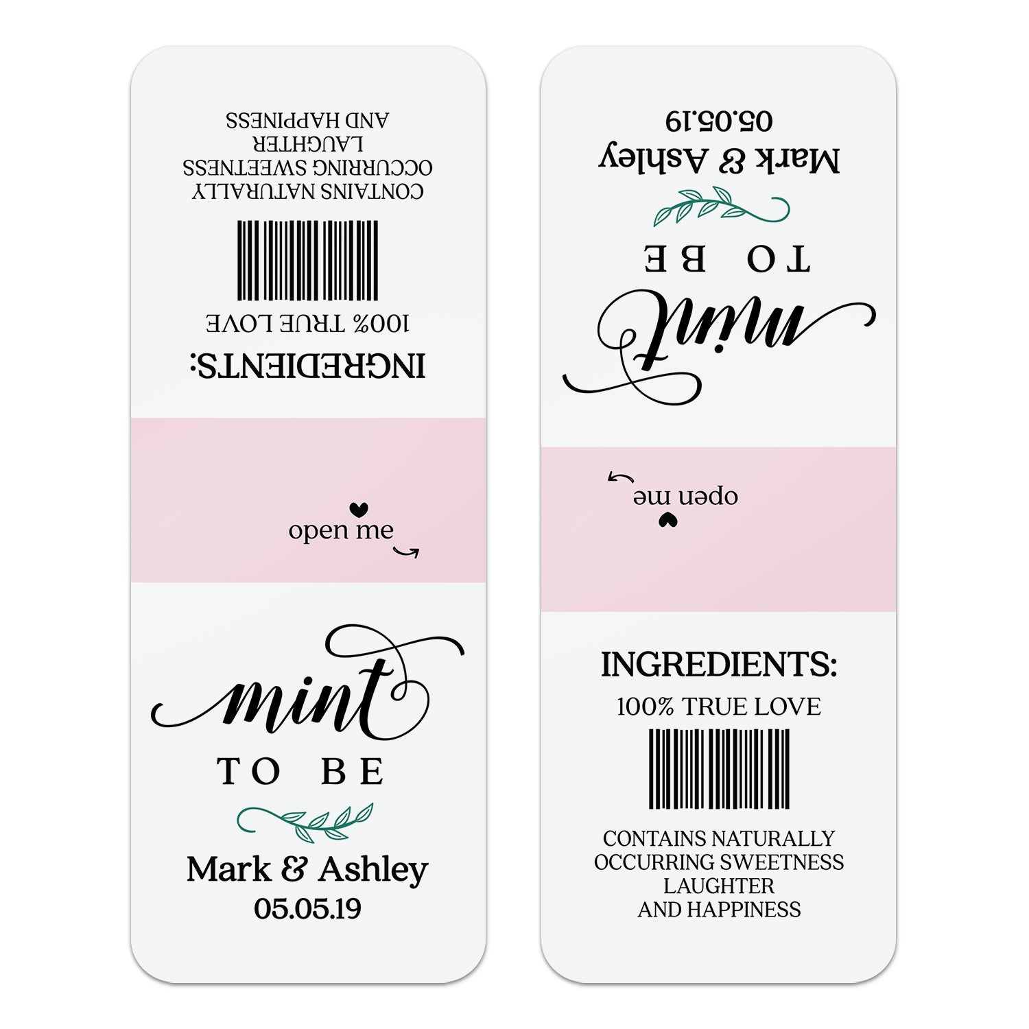 Single custom-made pink and white Tic Tac sticker, tailored for wedding favors, baby showers, and Valentine’s Day gifts.