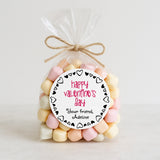 XOXOKristen personalized round Valentine’s Day sticker on a clear bag filled with pastel marshmallows, red and black heart border design – XOXOKristen