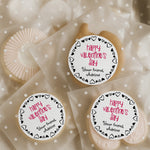 XOXOKristen custom Valentine favor stickers on clear polka dot cookie bags, white background with black heart border and pink lettering – XOXOKristen