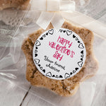 XOXOKristen personalized Valentine sticker on clear cookie bag with ribbon, black hearts border and pink text reading “Happy Valentine’s Day” – XOXOKristen