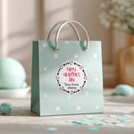 XOXOKristen custom Valentine sticker on pastel mint gift bag with polka dots, round design with heart border for kids’ classroom favors – XOXOKristen