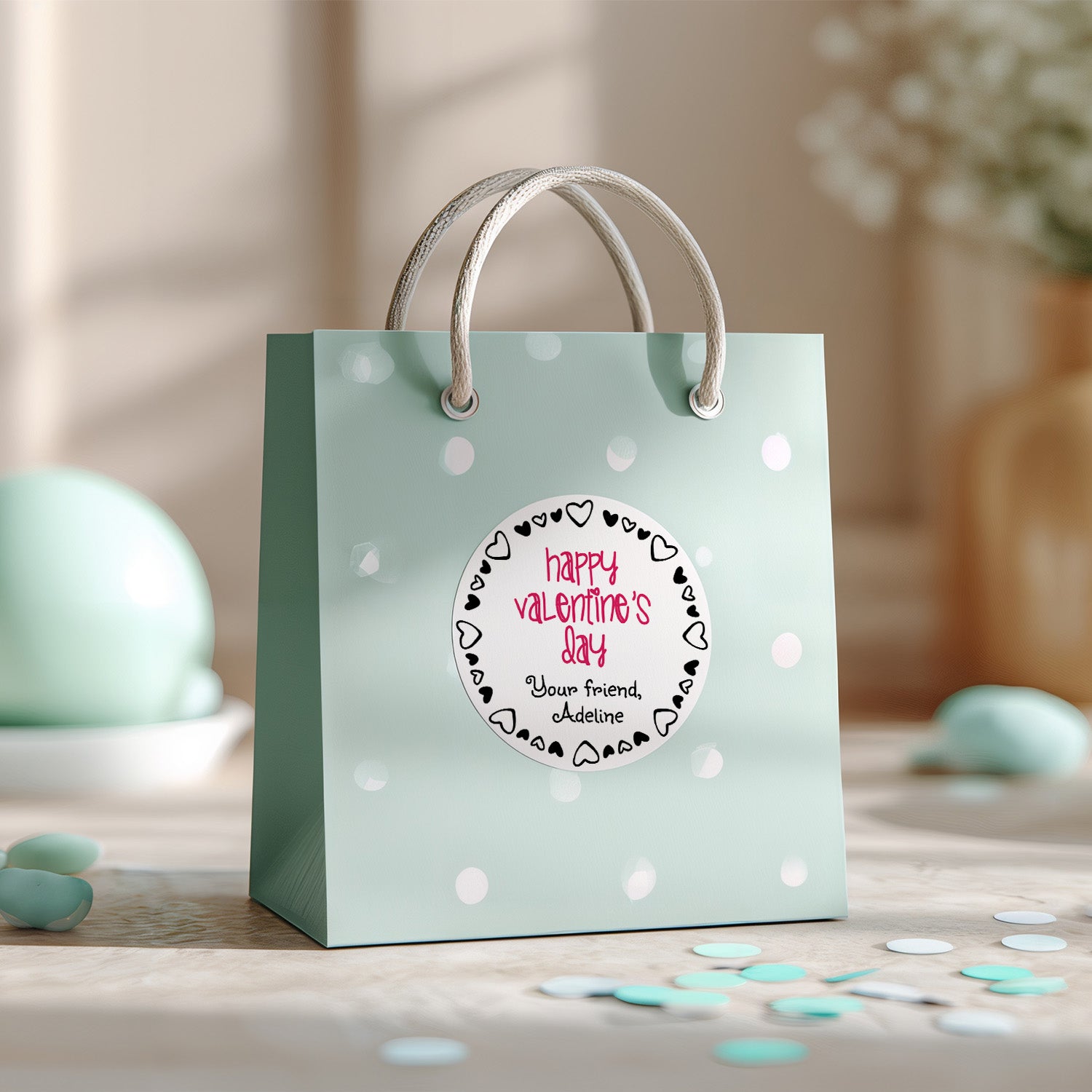 XOXOKristen custom Valentine sticker on pastel mint gift bag with polka dots, round design with heart border for kids’ classroom favors – XOXOKristen