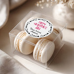 XOXOKristen personalized Valentine sticker on clear box of white macarons, decorative round design with hearts and festive lettering – XOXOKristen