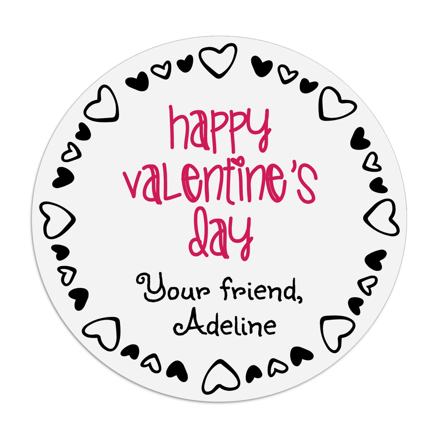 XOXOKristen round Valentine’s Day sticker close-up, white label with playful black heart outline and pink lettering – XOXOKristen