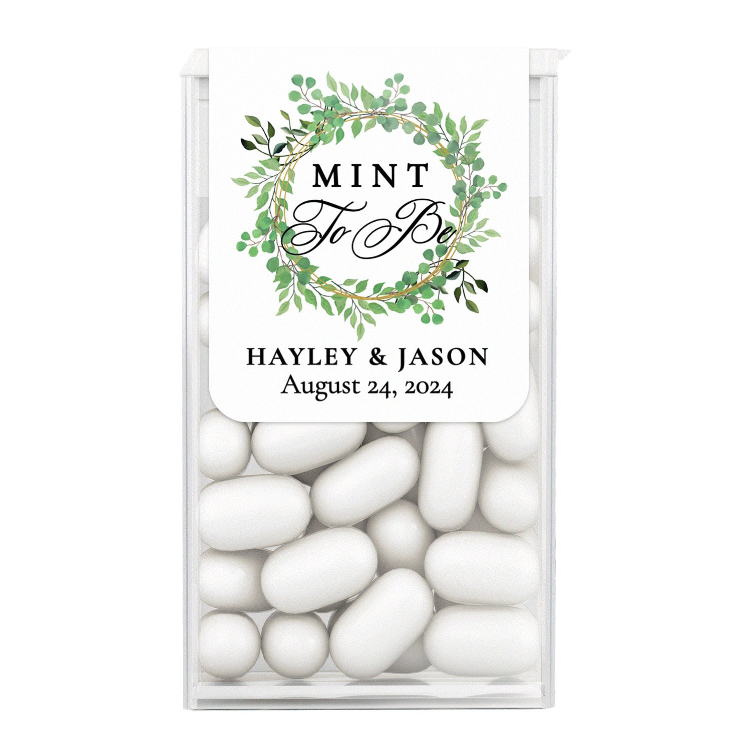 XOXOKristen personalized “Mint to Be” Tic Tac favor sticker with greenery wreath, elegant black script, and classic typography – XOXOKristen