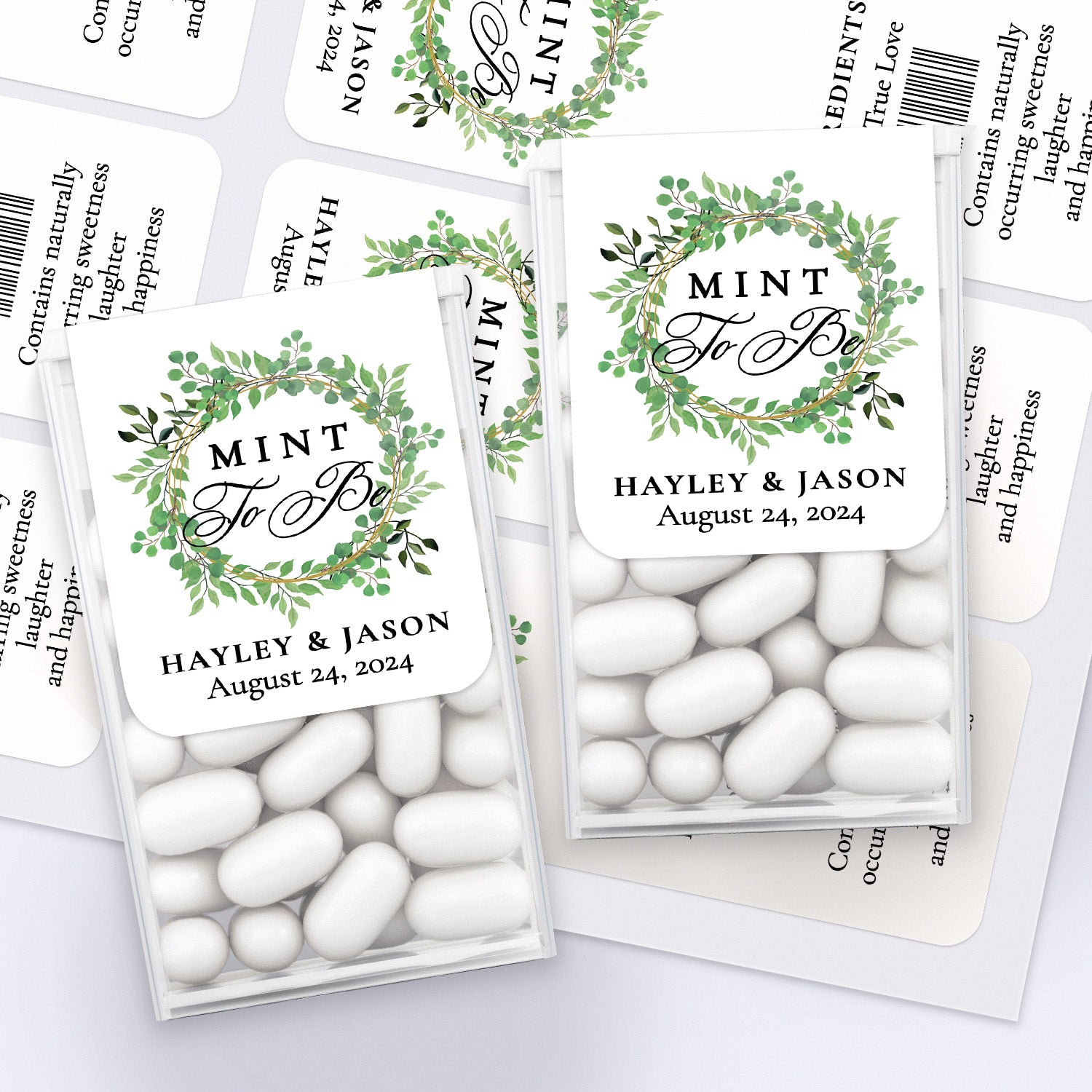 XOXOKristen multiple Tic Tac boxes decorated with personalized “Mint to Be” stickers in greenery wreath design with custom text – XOXOKristen