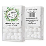 XOXOKristen front and back view of Tic Tac boxes with custom “Mint to Be” stickers, greenery wreath design and fun ingredients text – XOXOKristen