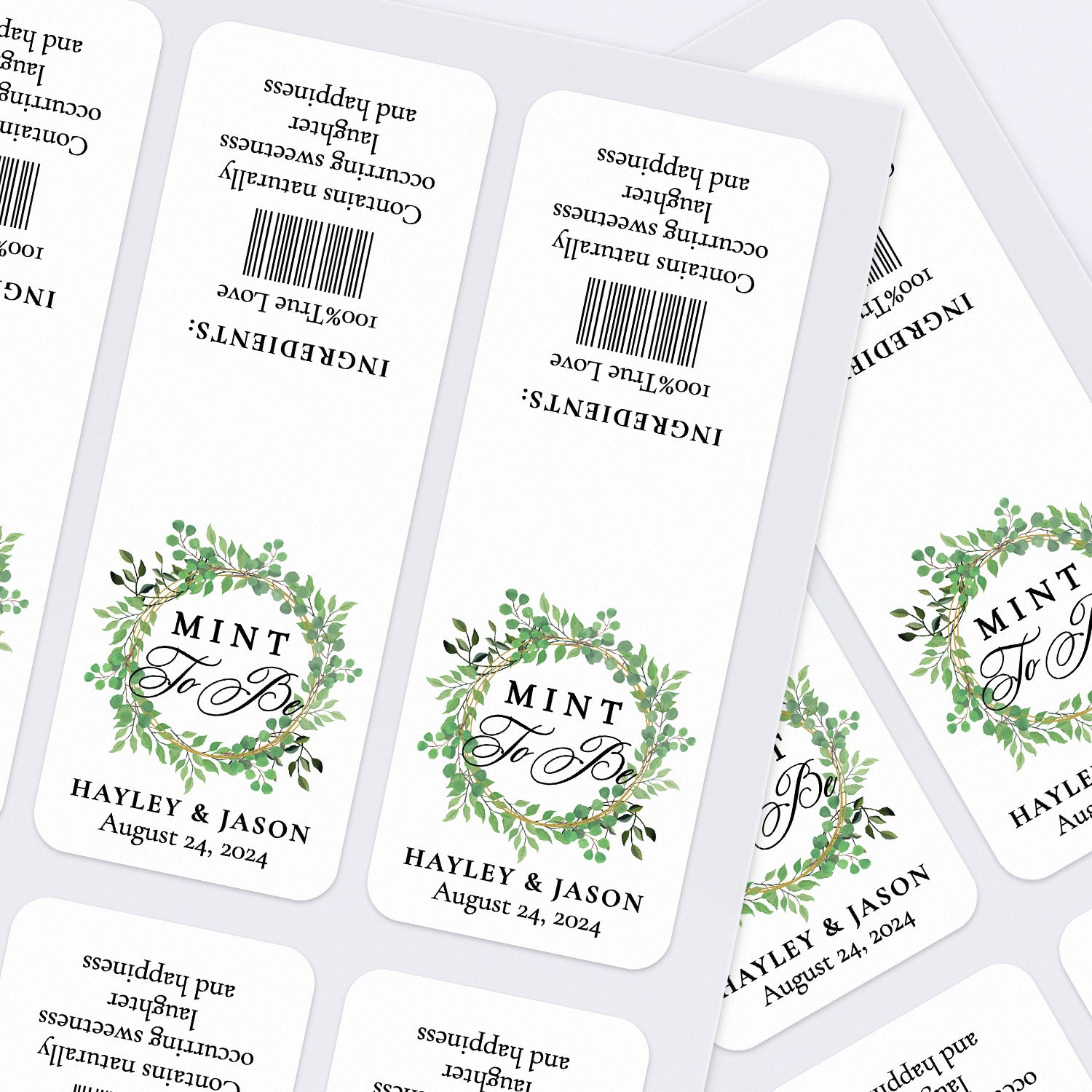XOXOKristen printed sheets of personalized “Mint to Be” favor stickers with greenery wreath motif and elegant calligraphy – XOXOKristen