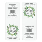 XOXOKristen close-up of personalized “Mint to Be” sticker for Tic Tac favors featuring greenery wreath and elegant script – XOXOKristen