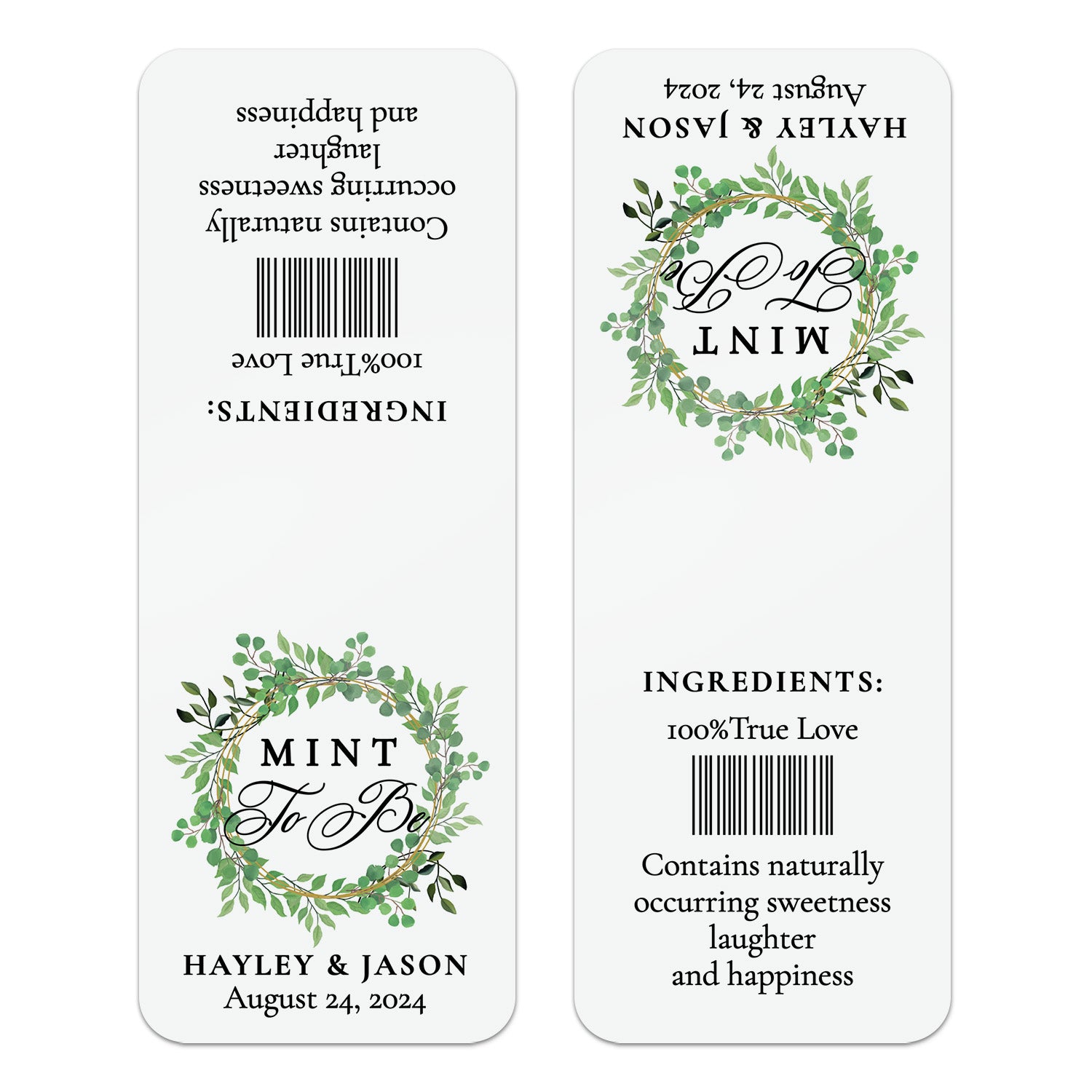 XOXOKristen close-up of personalized “Mint to Be” sticker for Tic Tac favors featuring greenery wreath and elegant script – XOXOKristen