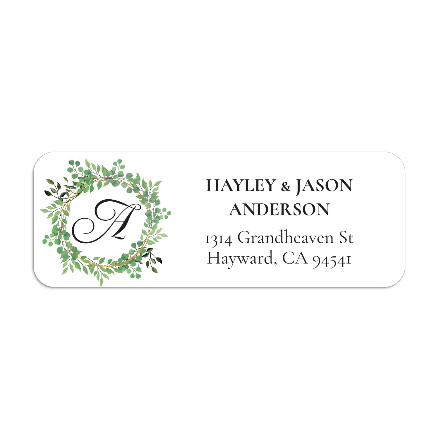 XOXOKristen close-up of return address label with circular leafy wreath, black monogram letter, and modern serif typography - XOXOKristen