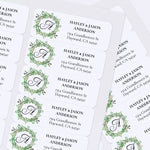 XOXOKristen sheet of multiple greenery wreath return address labels with white background, botanical foliage, and personalized text - XOXOKristen