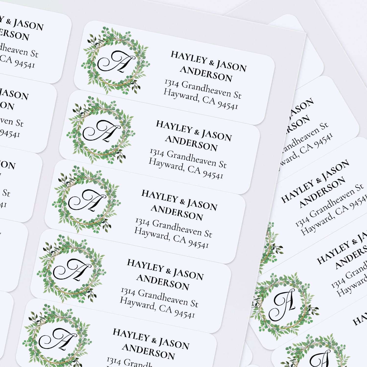 XOXOKristen sheet of multiple greenery wreath return address labels with white background, botanical foliage, and personalized text - XOXOKristen