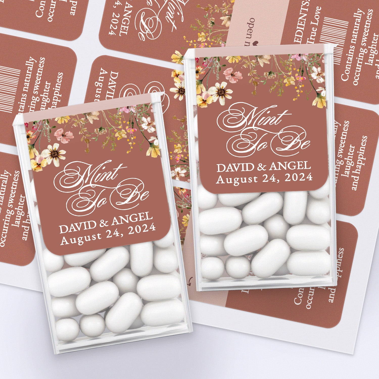 Elegant wedding sticker design with brown background, cascading florals, and romantic script, tailored for personalized Tic Tac wedding favors.
