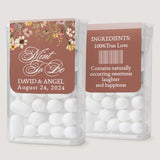 Personalized wedding Tic Tac sticker in rustic terracotta with floral border design, used as a custom label for mint favor boxes.