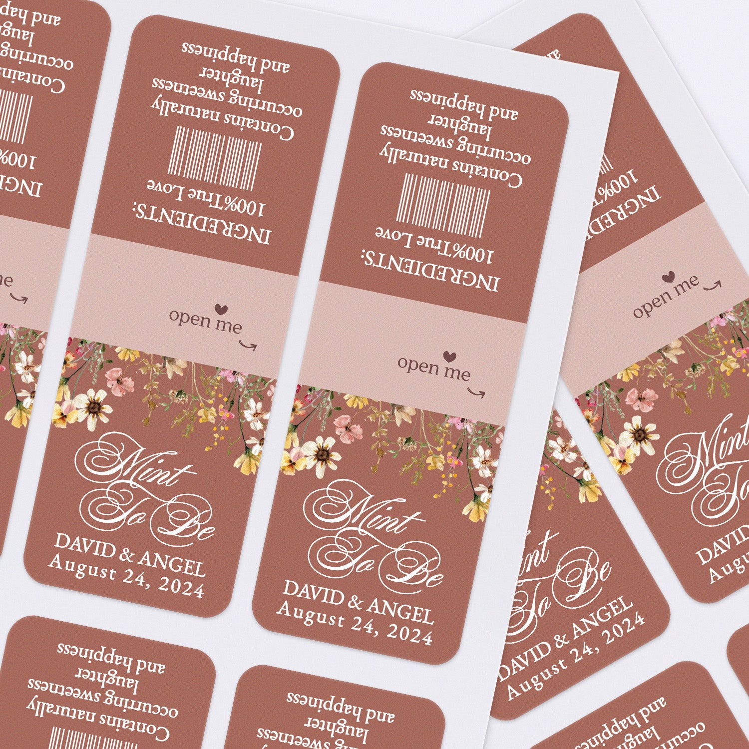 Custom Mint to Be wedding favor label in earthy brown with elegant script and hanging flowers, applied to Tic Tac containers for guests