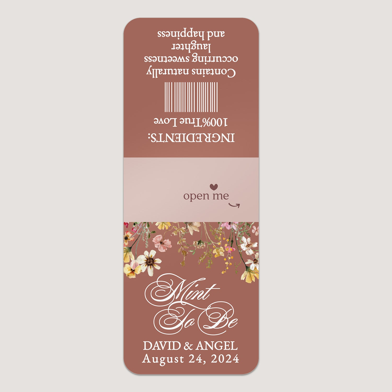 Single rustic wedding favor label in earthy tones with floral accents, customized to wrap around Tic Tac mint boxes as guest favors.