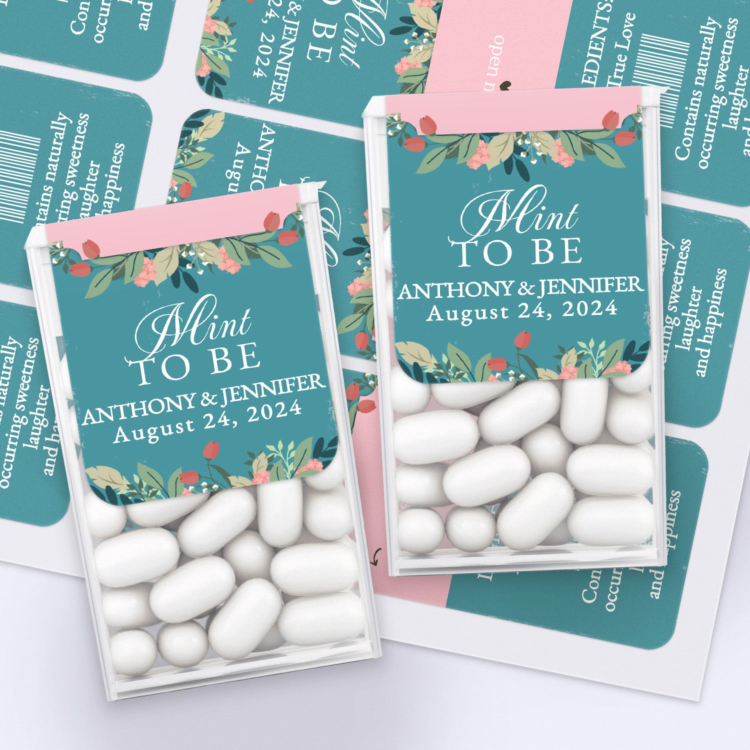 XOXOKristen custom Mint to Be wedding labels with teal background, floral wreath design, and elegant script, made for Tic Tac containers.