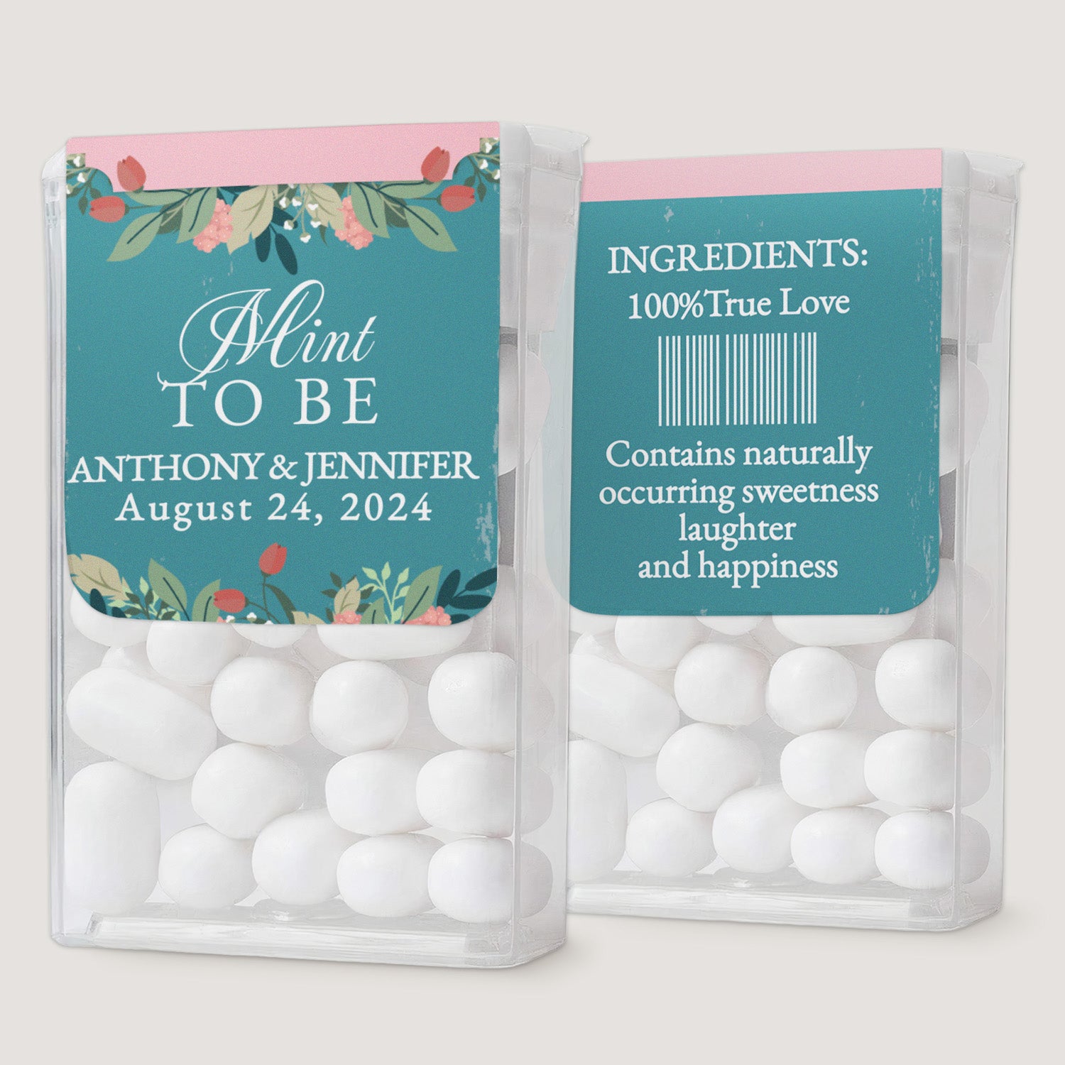 XOXOKristen personalized wedding Tic Tac stickers in teal blue with floral accents and pink detail, custom labels for mint favor boxes.