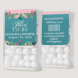 XOXOKristen personalized wedding Tic Tac stickers in teal blue with floral accents and pink detail, custom labels for mint favor boxes.