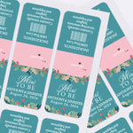 XOXOKristen sheet of personalized wedding favor stickers in teal and pink with romantic floral decorations, designed to wrap Tic Tac mint boxes.