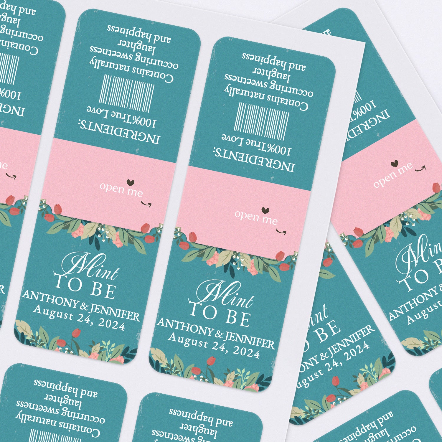 XOXOKristen sheet of personalized wedding favor stickers in teal and pink with romantic floral decorations, designed to wrap Tic Tac mint boxes.