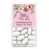 Personalized Mint t be wedding favor labels for Tic Tacs with pink background, roses and newlywed names and wedding date