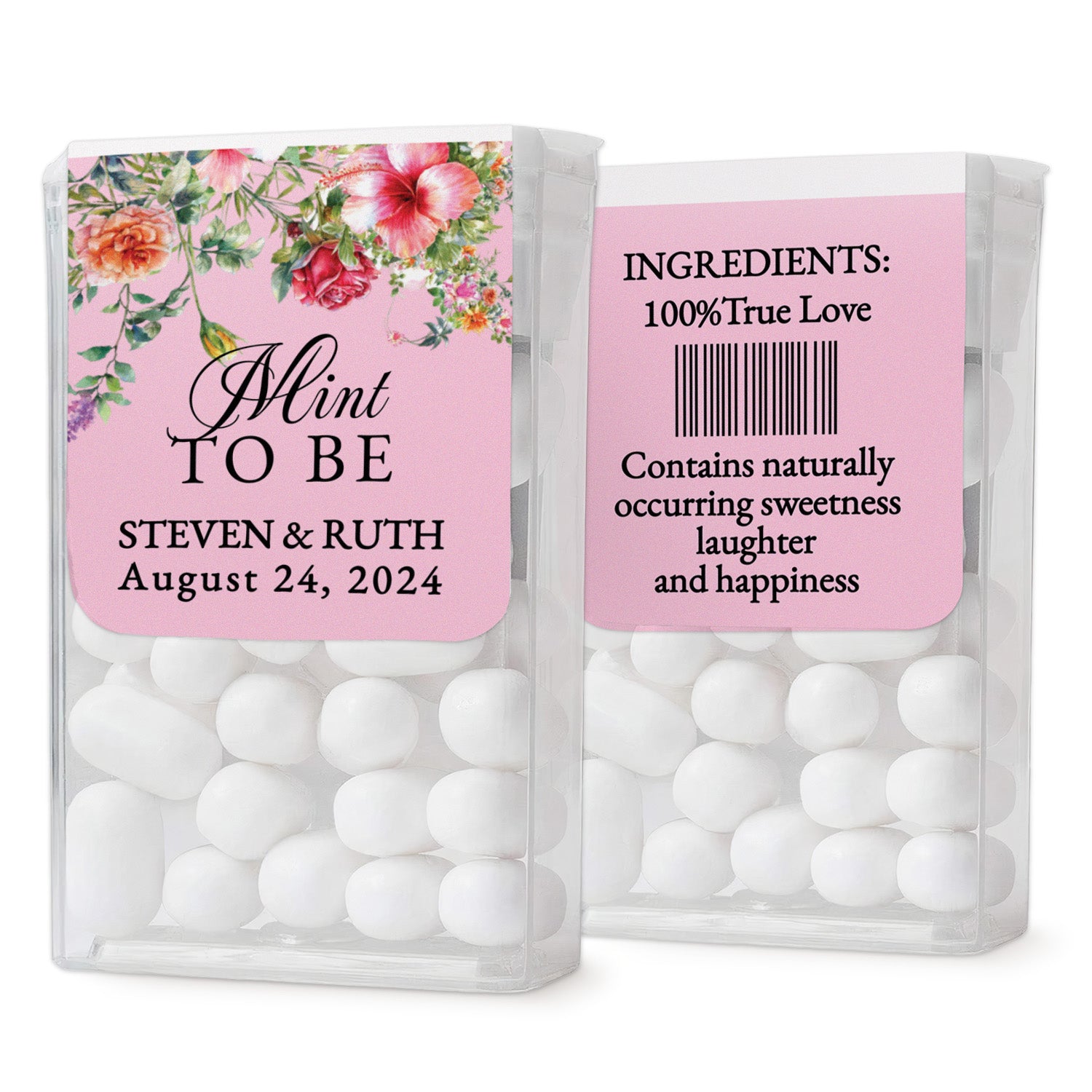 XOXOKristen sheet of blush pink personalized wedding stickers with bold floral decorations, created to wrap Tic Tac mint containers for guests