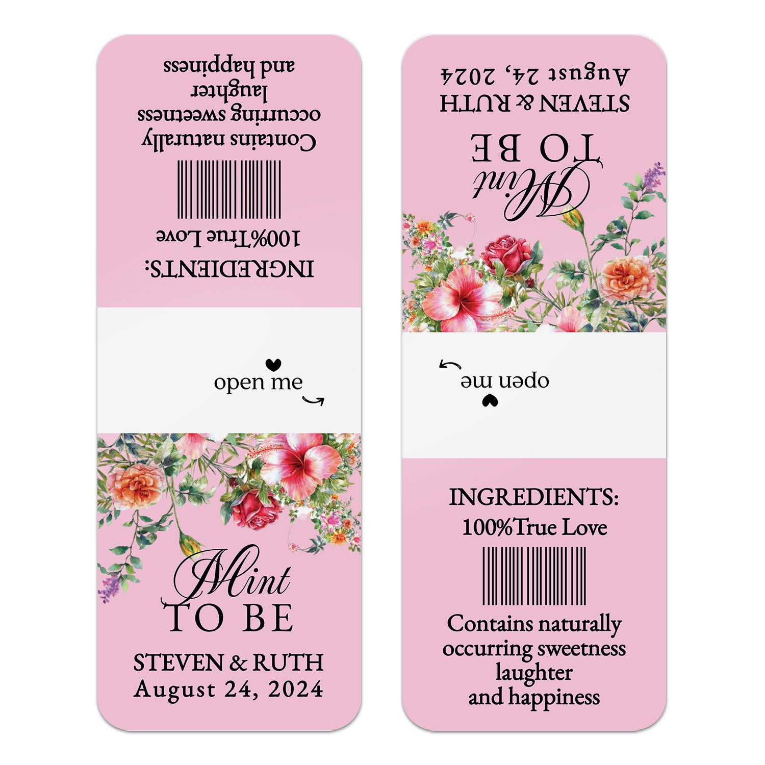 XOXOKristen personalized Mint to Be wedding stickers in blush pink with vibrant floral border, custom labels designed for Tic Tac favor boxes.